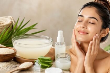 சாதம் வடித்த நீரை முகத்தில் தடவும் பெண்