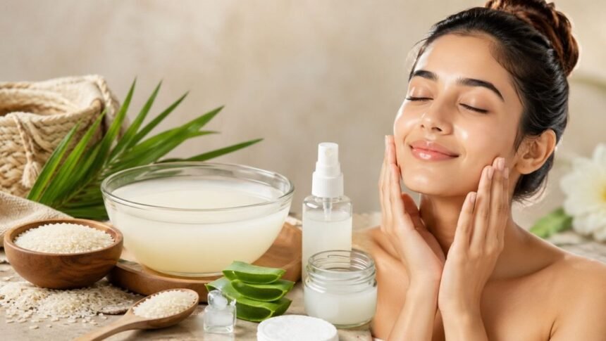 சாதம் வடித்த நீரை முகத்தில் தடவும் பெண்