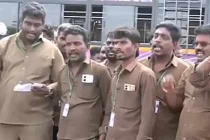 சேலத்தில் போராட்டத்தில் ஈடுபட்டுள்ள தனியார் பஸ் ஓட்டுநர்கள் மற்றும் நடத்துநர்கள்