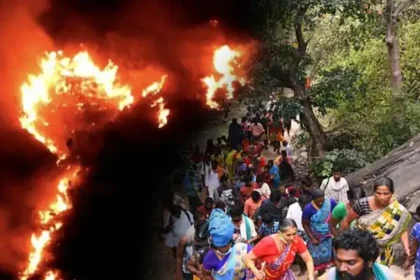 சதுரகிரி மலைப்பகுதியில் காட்டுத்தீ பரவும் காட்சி