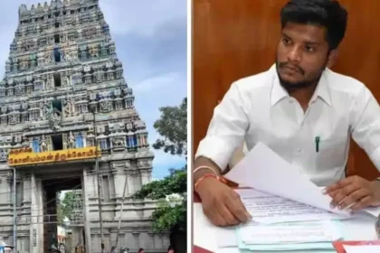 தமிழக அறநிலையத்துறை அமைச்சர் ரமேஷ் கோயில்கள் தொடர்பான புதிய கட்டுப்பாடுகள் குறித்து அறிவிக்கிறார்.