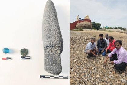 திருக்கோவிலூர் தென்பெண்ணை ஆற்றில் கண்டெடுக்கப்பட்ட கற்காலக் கருவி மற்றும் சோழர் காலக் காசு