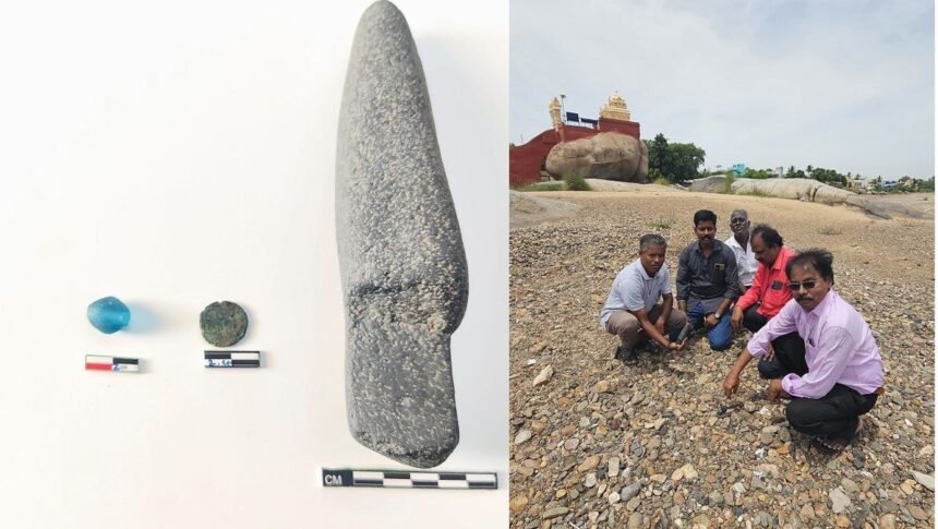 திருக்கோவிலூர் தென்பெண்ணை ஆற்றில் கண்டெடுக்கப்பட்ட கற்காலக் கருவி மற்றும் சோழர் காலக் காசு