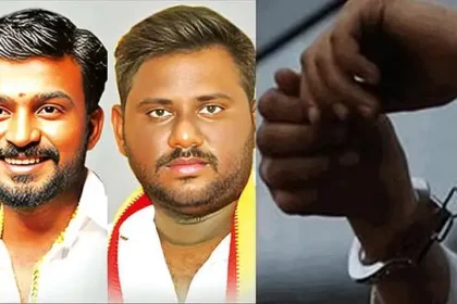 கைது செய்யப்பட்ட த.வெ.க. நிர்வாகிகள் கார்த்திகேயன் மற்றும் சதீஷ்குமார்
