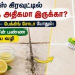 டைல்ஸ் கிரவுட் பகுதியில் எலுமிச்சை மற்றும் பேக்கிங் சோடா கொண்டு சுத்தம் செய்யும் காட்சி