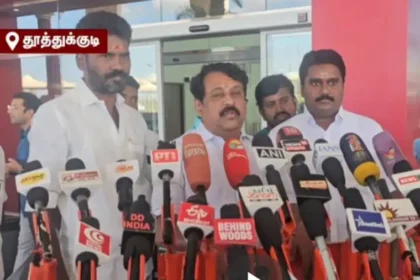 பாஜக தலைவர் நயினார் நாகேந்திரன் செய்தியாளர்களை சந்திக்கும் காட்சி