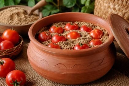 மண்பானையில் மணலில் சேமித்து வைக்கப்பட்டுள்ள தக்காளிகள்