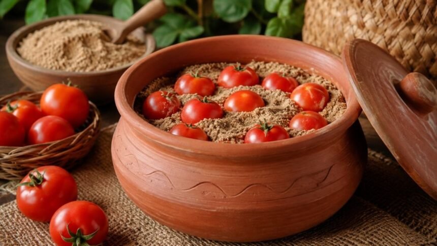 மண்பானையில் மணலில் சேமித்து வைக்கப்பட்டுள்ள தக்காளிகள்