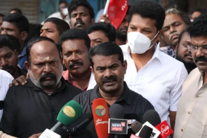 நாம் தமிழர் கட்சி ஒருங்கிணைப்பாளர் சீமான் செய்தியாளர் சந்திப்பில் பேசுகிறார்