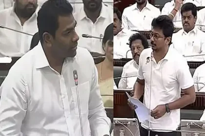 சட்டப்பேரவையில் விவாதிக்கும் உதயநிதி ஸ்டாலின் மற்றும் ஆதவ் அர்ஜுனா