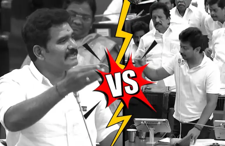 சட்டப்பேரவையில் விவாதிக்கும் உதயநிதி ஸ்டாலின் மற்றும் நிர்மல்குமார்