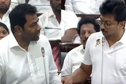 தமிழ்நாடு சட்டசபையில் அமைச்சர் உதயநிதி ஸ்டாலின் மற்றும் சட்டமன்ற உறுப்பினர் ஆதவ் அர்ஜூனா விவாதிக்கும் காட்சி
