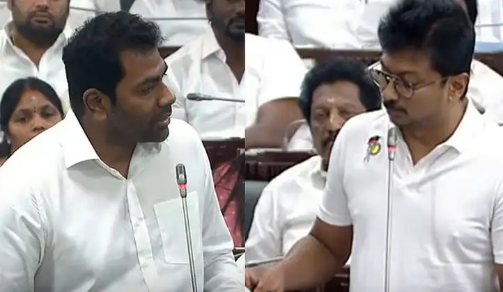 தமிழ்நாடு சட்டசபையில் அமைச்சர் உதயநிதி ஸ்டாலின் மற்றும் சட்டமன்ற உறுப்பினர் ஆதவ் அர்ஜூனா விவாதிக்கும் காட்சி