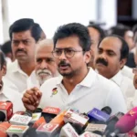 எதிர்க்கட்சித் தலைவர் உதயநிதி ஸ்டாலின் செய்தியாளர்களை சந்திக்கும் காட்சி