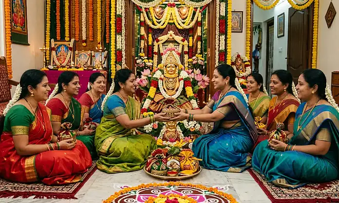 வரலட்சுமி தேவியை அலங்கரித்து பூஜை செய்யும் பெண்கள்