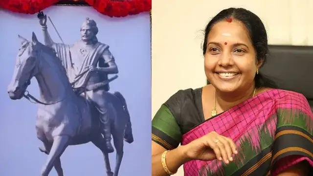 பாஜக தேசிய மகளிர் அணி தலைவர் வானதி சீனிவாசன் தீரன் சின்னமலைக்கு மலர் தூவி மரியாதை செலுத்துதல்