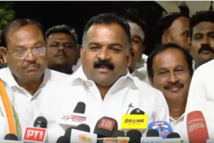 தமிழ்நாடு காங்கிரஸ் கமிட்டி தலைவர் மாணிக்கம் தாகூர் செய்தியாளர்களை சந்திக்கும் காட்சி