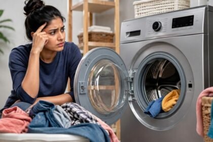 வாஷிங் மெஷினில் துணிகளைப் பிரித்து போடும் பெண்