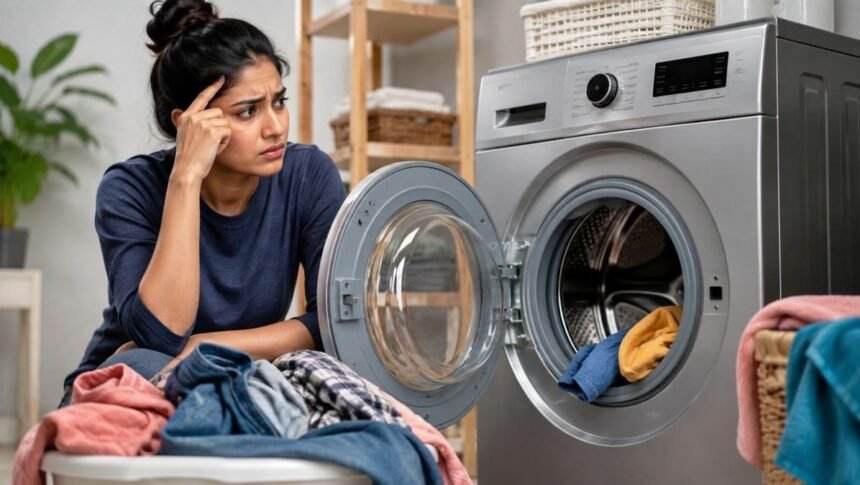 வாஷிங் மெஷினில் துணிகளைப் பிரித்து போடும் பெண்