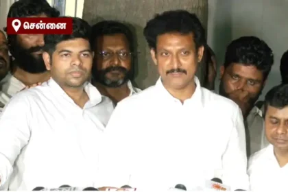 முன்னாள் அமைச்சர் அன்பில் மகேஷ் செய்தியாளர்களை சந்திக்கும் காட்சி