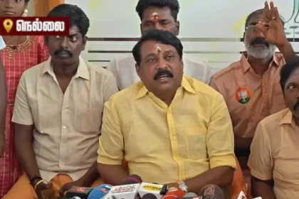 பாஜக மாநிலத் தலைவர் நயினார் நாகேந்திரன் செய்தியாளர்களிடம் பேசுகிறார்