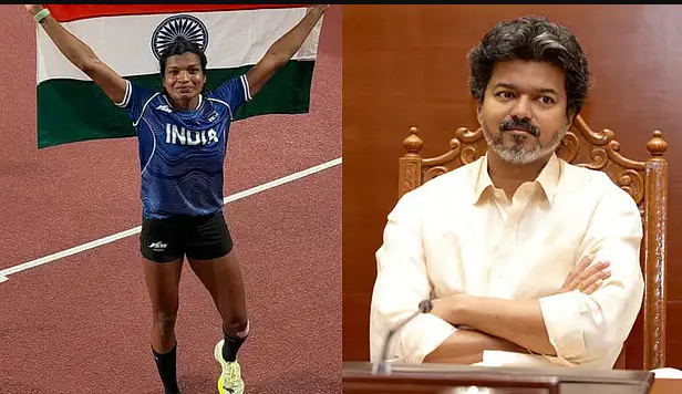 முதலமைச்சர் விஜய் தடகள வீராங்கனை பரணிகா இளங்கோவனுக்கு வாழ்த்து தெரிவிக்கும் படம்
