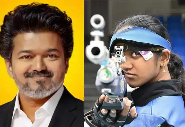 தமிழக முதல்வர் விஜய் இளவேனில் வாலறிவனுக்கு வாழ்த்து தெரிவிக்கும் படம்