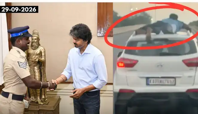 முதலமைச்சர் விஜய் தலைமை காவலர் வேல்முருகனை நேரில் பாராட்டும் காட்சி