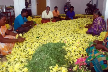திருநெல்வேலி பூ மார்க்கெட்டில் விற்பனைக்கு அடுக்கப்பட்டுள்ள பூக்கள்