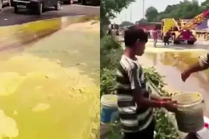 சாலையில் ஆறாக ஓடும் நெய்யை வாளிகளில் அள்ளிச் செல்லும் மக்கள்