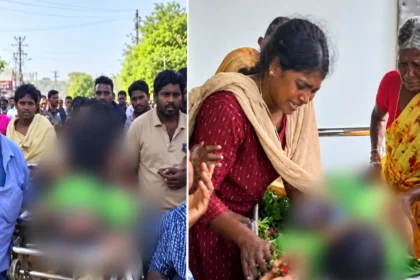 உயிரிழந்த சிறுமி கவிக்‌ஷாவின் உடலை சாலையில் கிடத்தி போராட்டத்தில் ஈடுபட்ட உறவினர்கள்