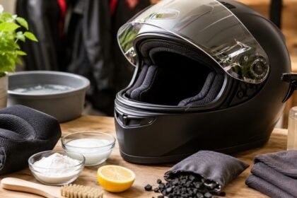 ஹெல்மெட்டை சுத்தம் செய்யும் நபர்