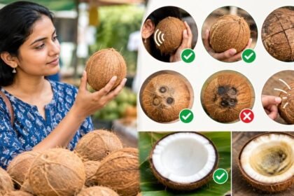 தரமான தேங்காயை கையில் வைத்திருக்கும் நபர்