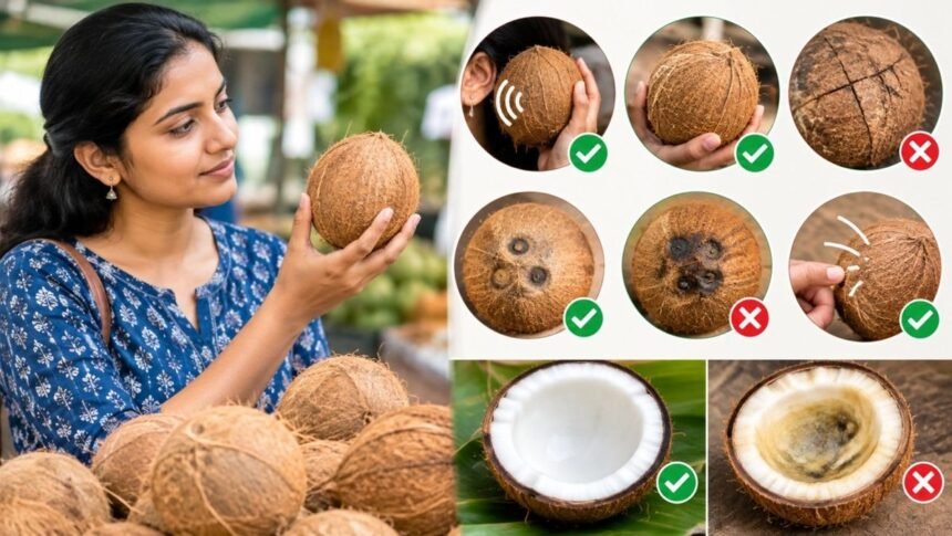 தரமான தேங்காயை கையில் வைத்திருக்கும் நபர்