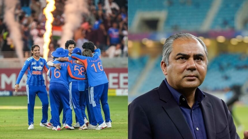 இந்திய மகளிர் கிரிக்கெட் அணி வீராங்கனைகள் கோப்பையுடன் கொண்டாடும் காட்சி