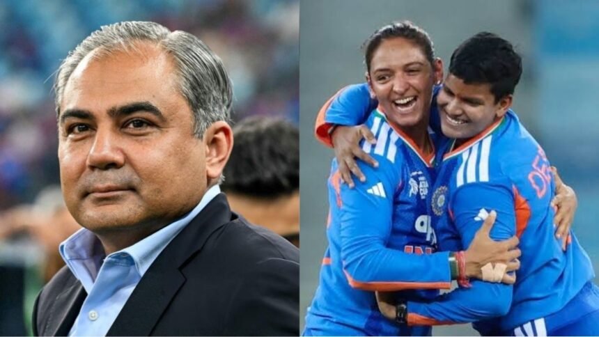 இந்திய மகளிர் கிரிக்கெட் அணி வீரர்கள் கோப்பையுடன் கொண்டாடும் காட்சி