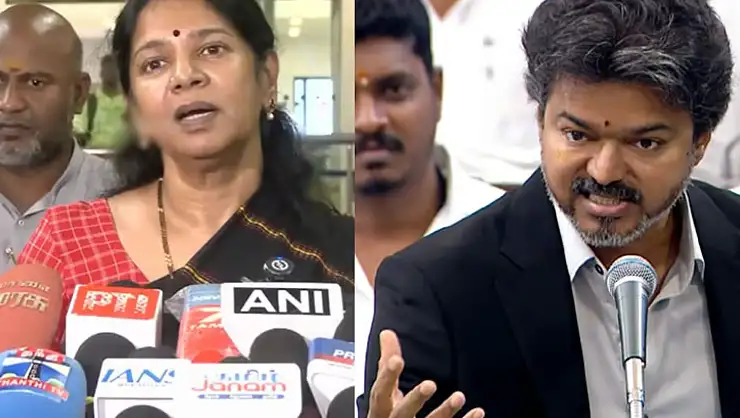 திமுக துணைப் பொதுச்செயலாளர் கனிமொழி கருணாநிதி செய்தியாளர்களை சந்திக்கும் காட்சி