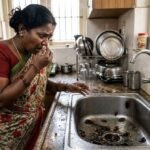 சமையலறை டேப்களை சுத்தம் செய்யும் ஒரு பெண்