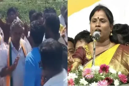 மதுராந்தகம் தொகுதி வேட்பாளர் மரகதம் குமரவேல் மக்களிடம் வாக்கு சேகரிக்கும் காட்சி