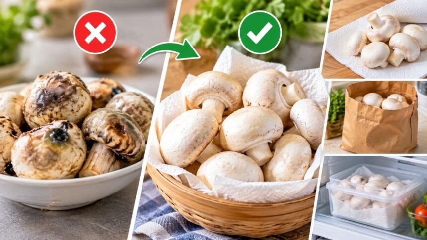 புதிய காளான்கள் ஒரு பேப்பர் டவலில் சுற்றி வைக்கப்பட்டுள்ளன