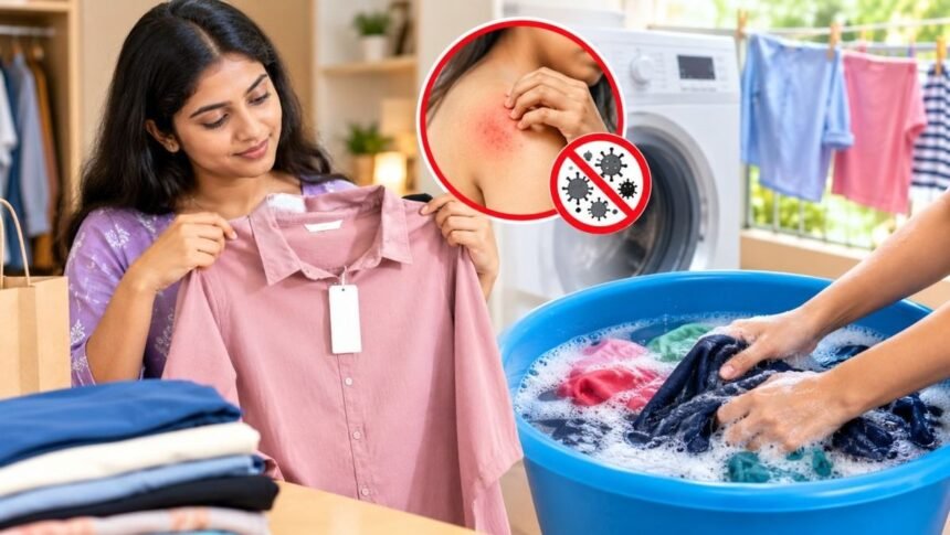 புதிய ஆடைகளை வாங்கிய பிறகு துவைக்க வேண்டும் என விளக்கும் படம்