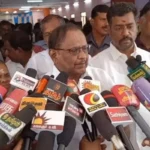 திமுக முன்னாள் அமைச்சர் ரகுபதி செய்தியாளர்களிடம் பேசுகிறார்