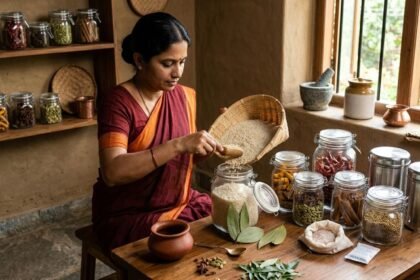 அரிசி மூட்டைகள் மற்றும் வேப்பிலைகள்