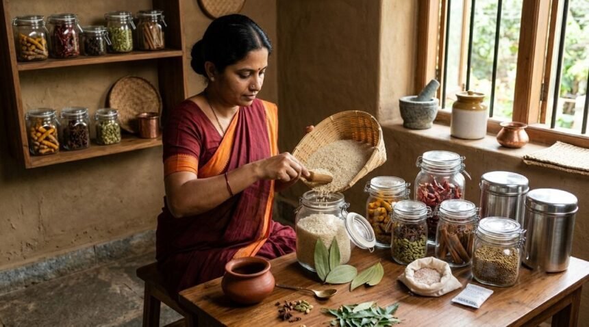 அரிசி மூட்டைகள் மற்றும் வேப்பிலைகள்