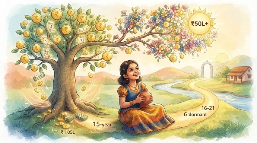 செல்வமகள் சேமிப்பு திட்டத்தின் லோகோ அல்லது பெண் குழந்தையுடன் பெற்றோர்கள்