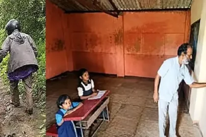 சாலை வசதி இல்லாத மலைக்கிராமத்தில் நடந்து செல்லும் அரசு பள்ளி ஆசிரியர் ஜீவன் மிதாரி