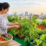 மாடியில் தக்காளி மற்றும் கீரை செடிகள் வளர்க்கப்பட்டிருக்கும் காட்சி