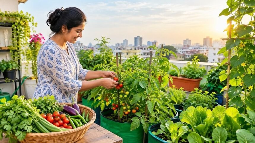 மாடியில் தக்காளி மற்றும் கீரை செடிகள் வளர்க்கப்பட்டிருக்கும் காட்சி