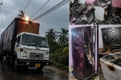 வந்தவாசி அருகே மின் விபத்து காரணமாக சேதமடைந்த மின்சாதனப் பொருட்கள் காட்சி