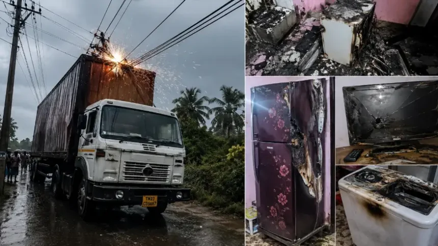 வந்தவாசி அருகே மின் விபத்து காரணமாக சேதமடைந்த மின்சாதனப் பொருட்கள் காட்சி